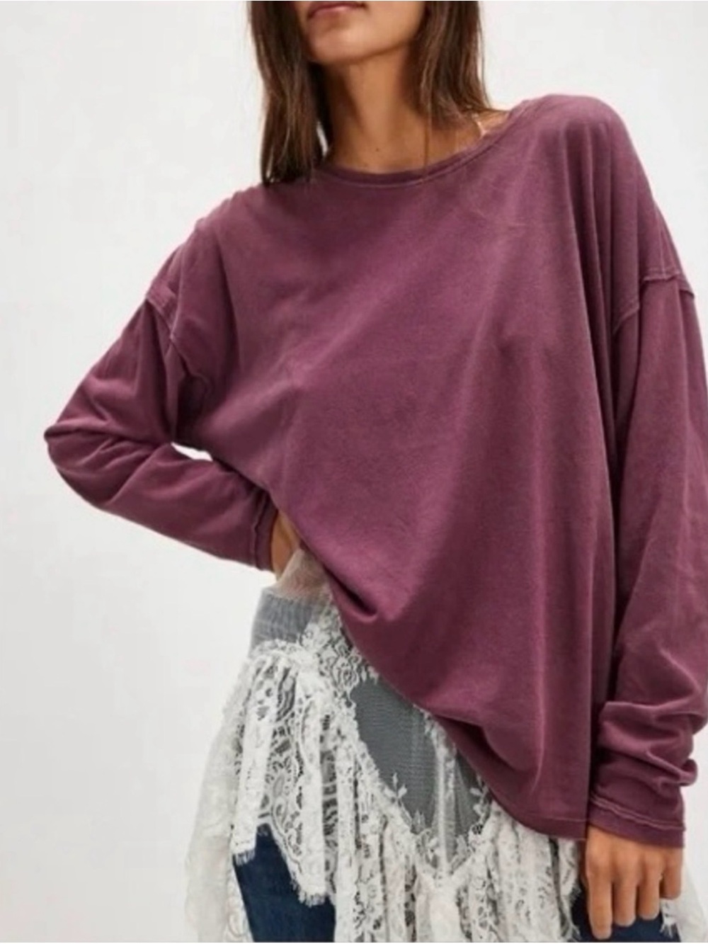 We The Free Nina Oversized Long Sleeve Shirt Size XL Mauve Plum